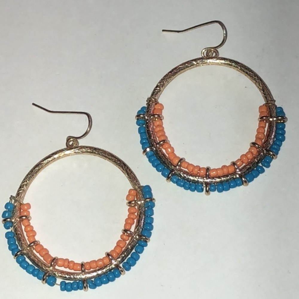 Elegant Gold Tone Blue Orange Beaded Boho Hoop Earrings